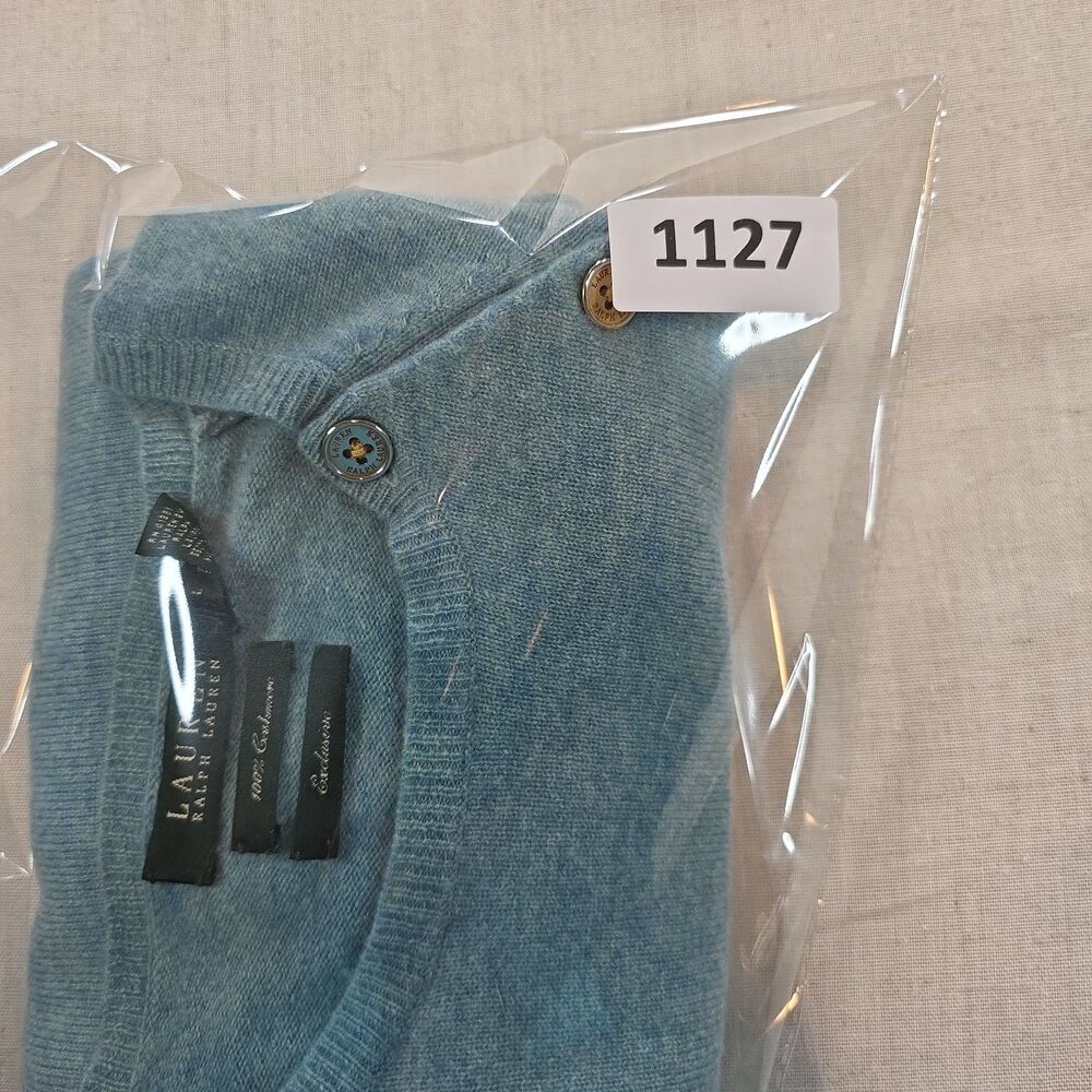Lauren Ralph Lauren 100% Cashmere Sweater Blue Button Shoulder Women's Large - Picture 9 of 9